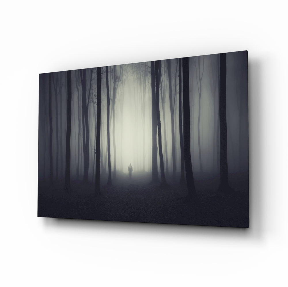 Foggy Forest glass wall art displayed above a console in a designer interior