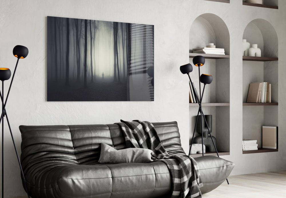 Foggy Forest glass wall art styled above a desk in an introspective study
