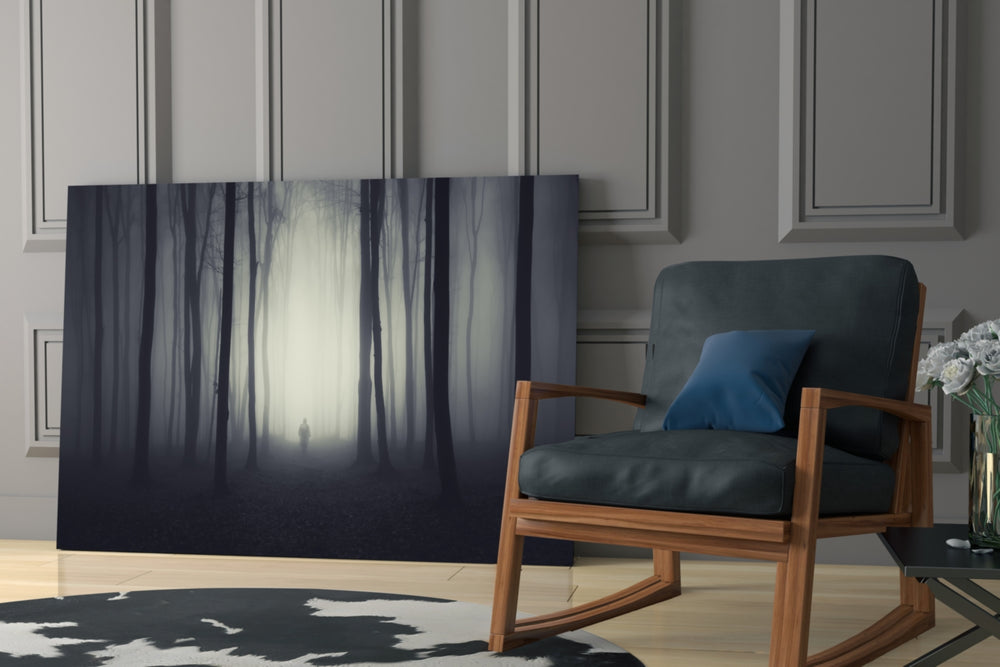 Foggy Forest glass print enhancing a hallway with cinematic mood