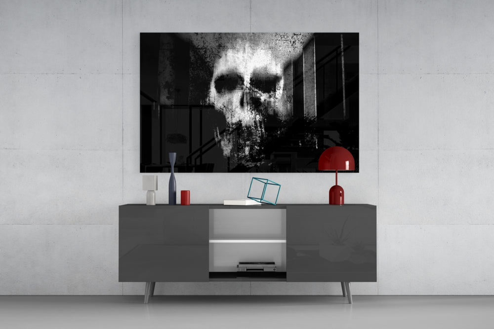 Skull panel catching low light to reveal its weathered decay