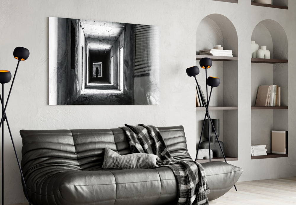 Shadow in the Dark glass wall art styled above a desk in an introspective study