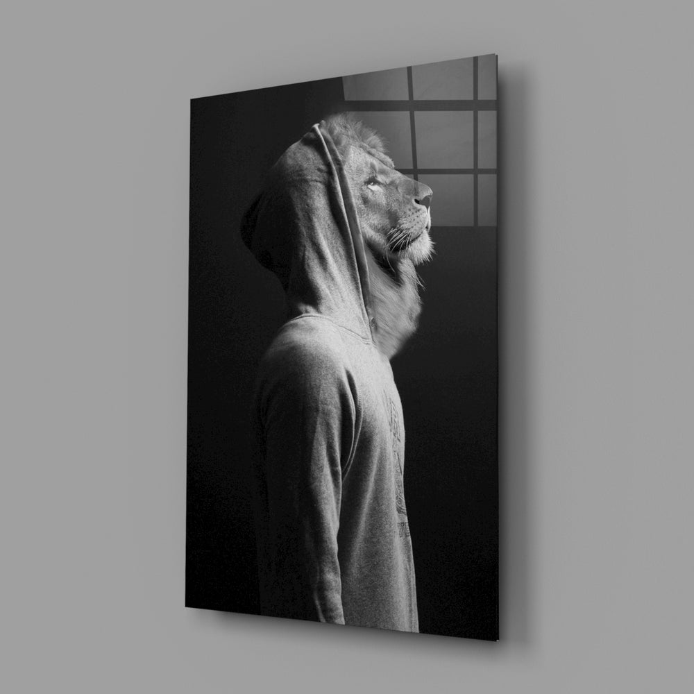 Hooded-lion panel bringing surreal contemplation to a contemporary living space