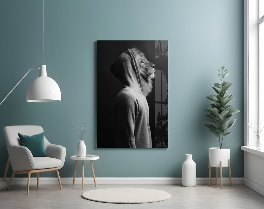 Lion Head glass wall art styled above a desk in an introspective study