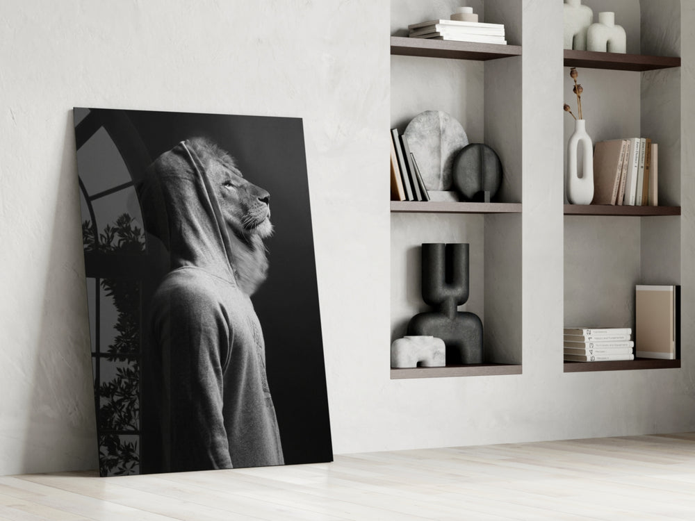 Lion Head glass print enhancing a man-cave with surreal flair