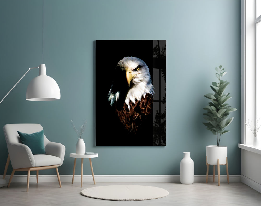 Eagle glass wall art styled above a desk in an executive-presence study