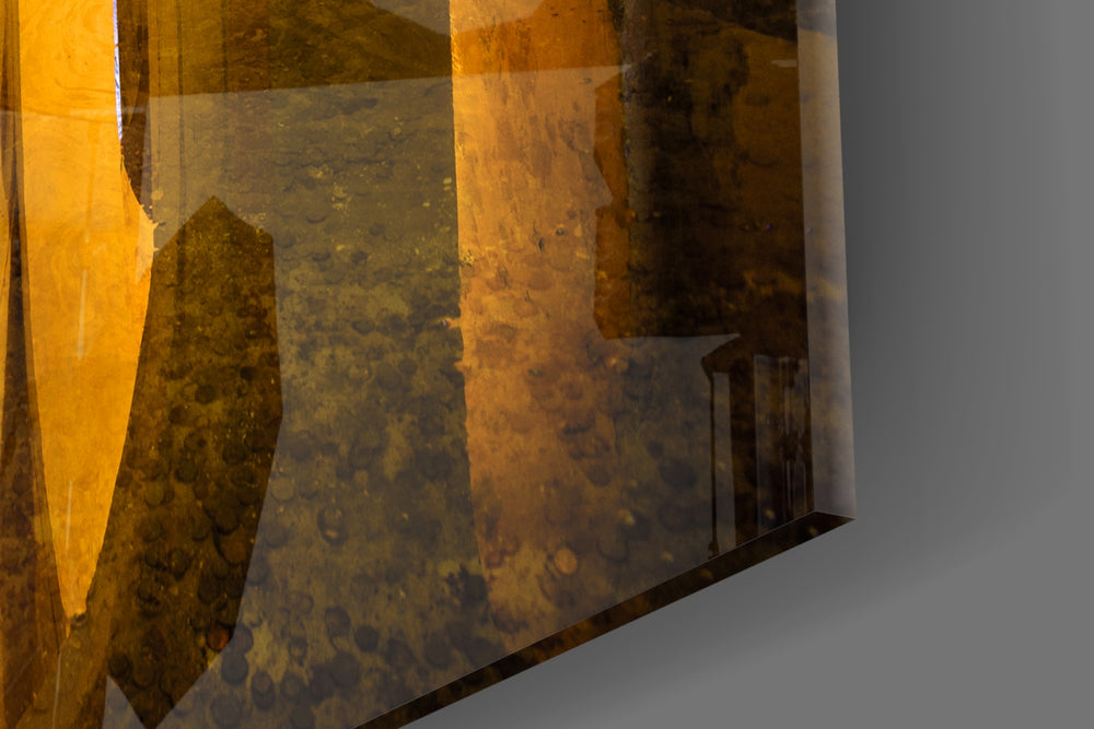 Cistern artwork anchoring an entryway with warm heritage palette