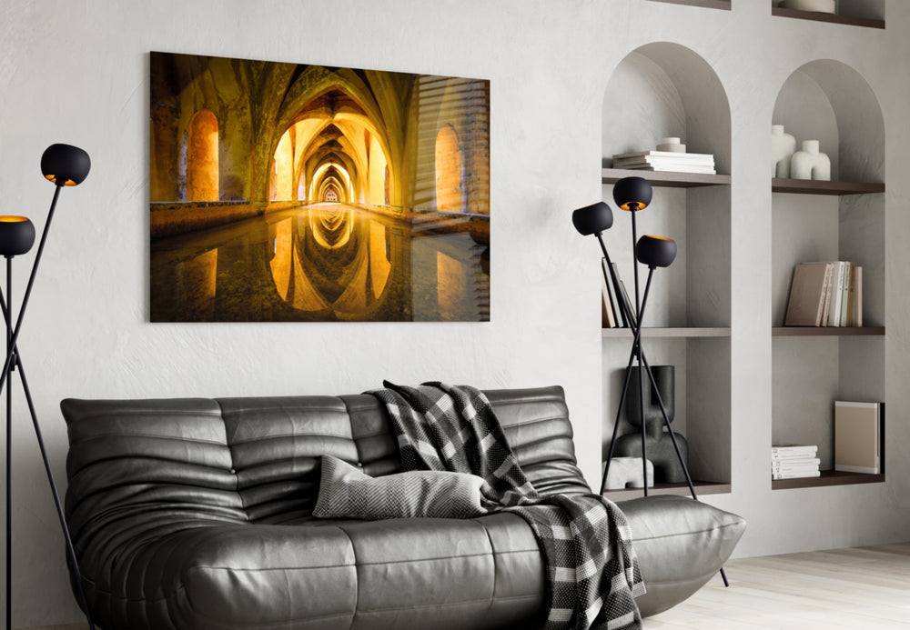 Cistern glass wall art styled above a desk in a traveler's-nostalgia study