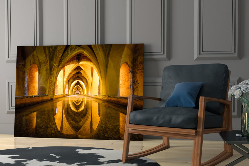 Cistern glass print enhancing a lobby with architectural drama