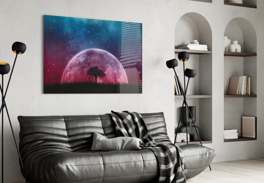 Mystical Night glass wall art styled above a bed in a cosmic child's room