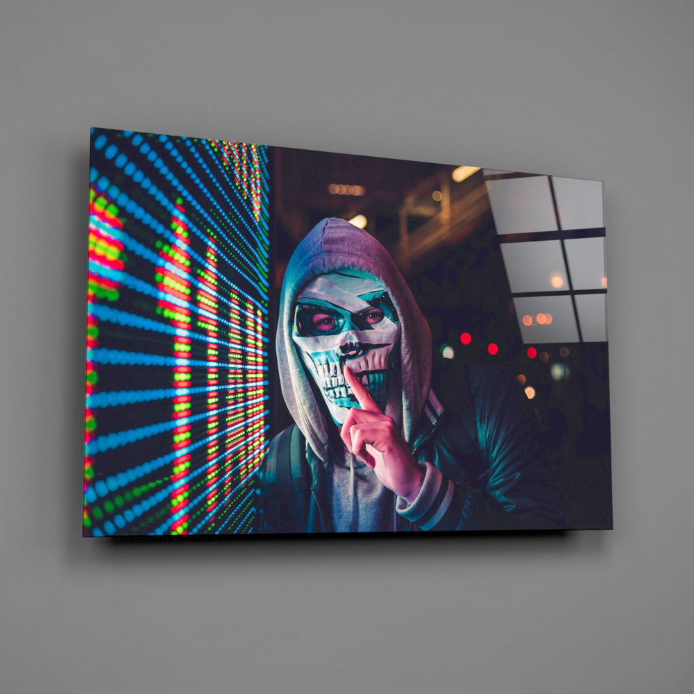 Skull-mask panel bringing cyberpunk edge to a contemporary living space