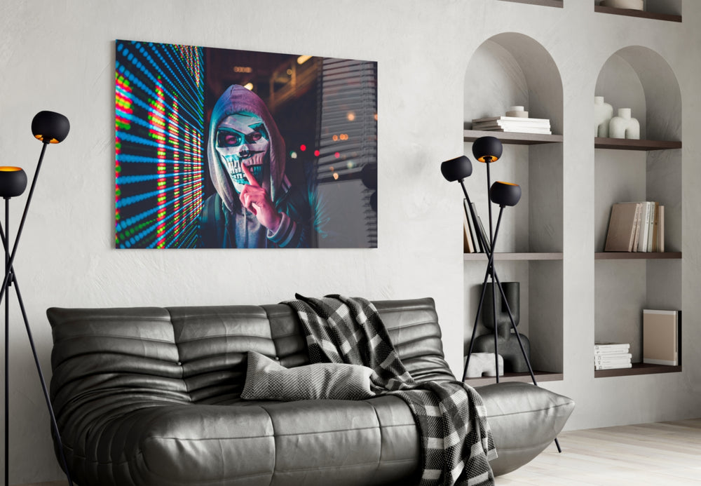 Be quiet! glass wall art styled above a desk in an edgy teen room