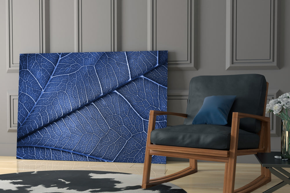 Macro Blue Leaf glass print enhancing a hallway with quiet drama