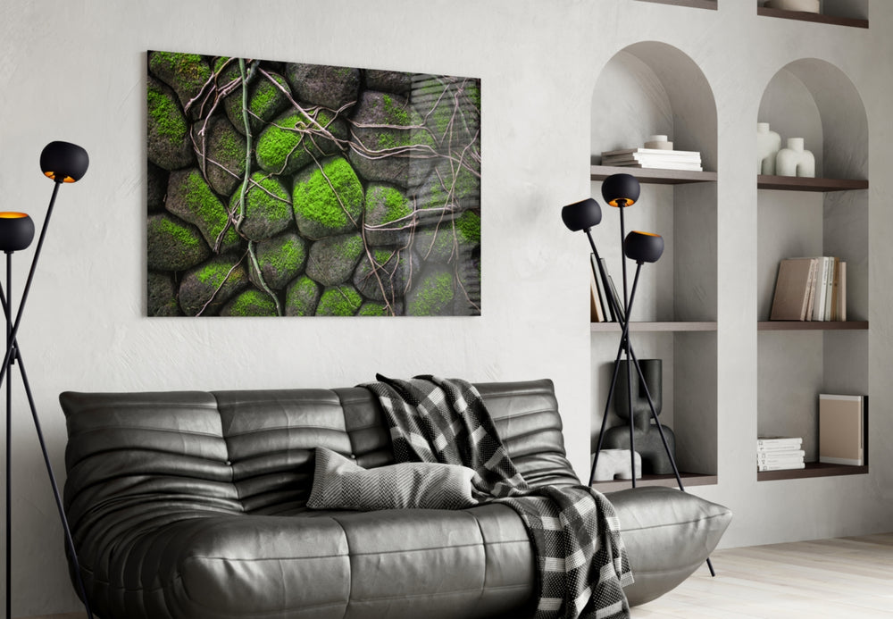 Mossy Stones glass wall art styled in a sunroom with garden pulse