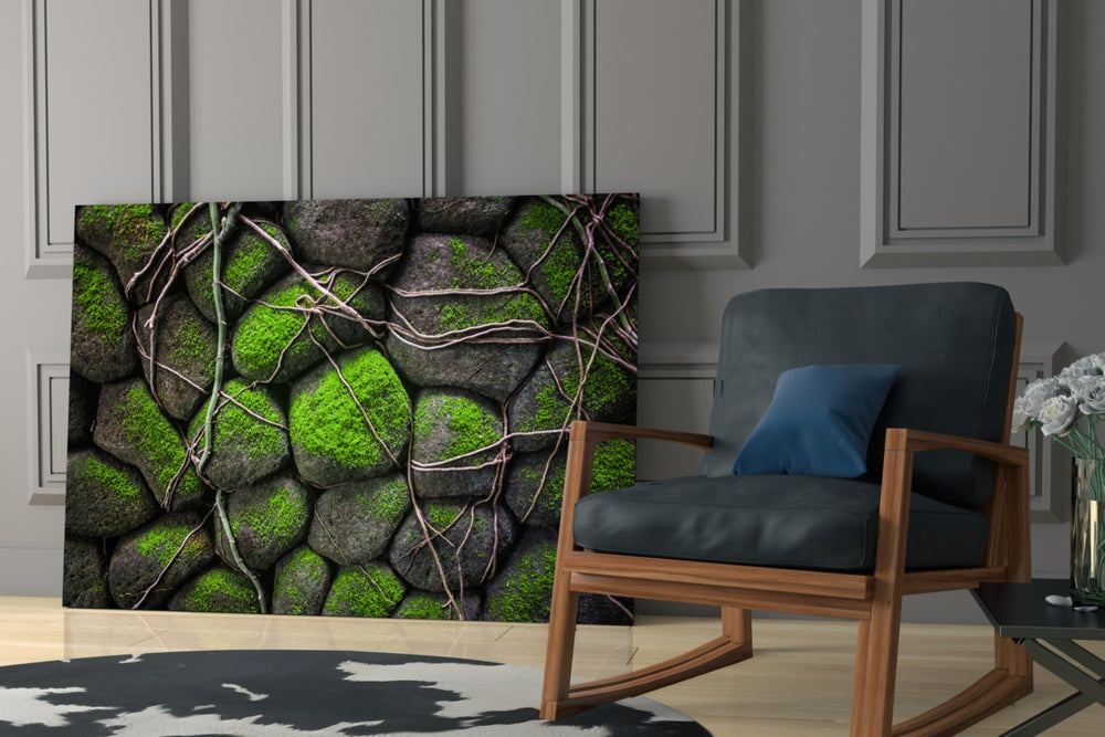 Mossy Stones glass print enhancing a bathroom with spa serenity