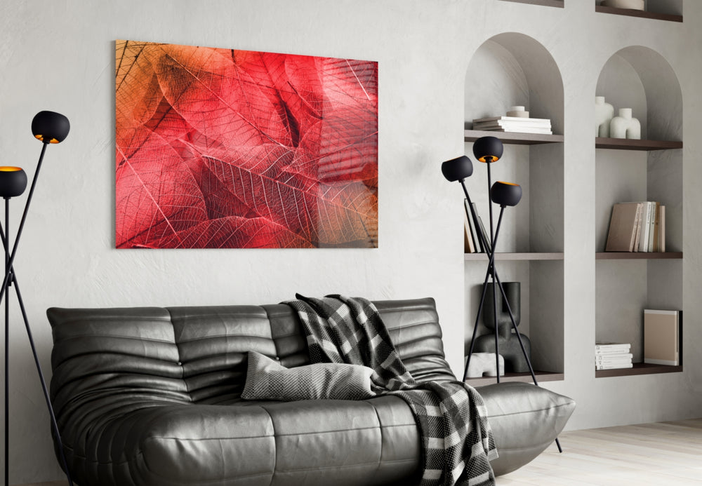 Macro Red Leaf glass wall art styled above a desk in a seasonal-mood study