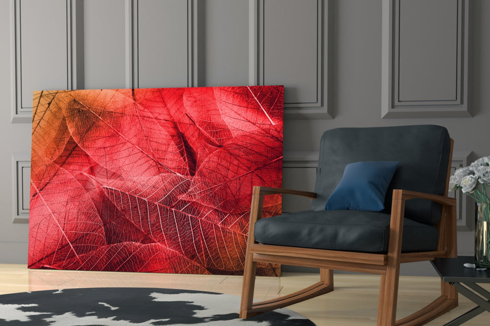 Macro Red Leaf glass print enhancing a hallway with painterly poetry