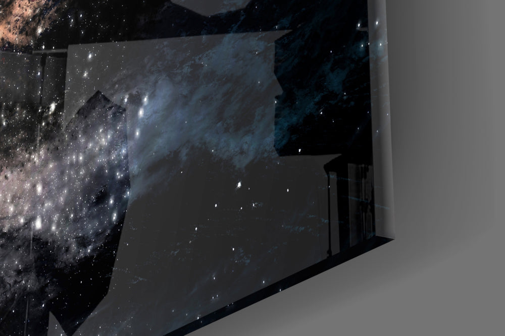 Space artwork anchoring a wall with moody mystical palette