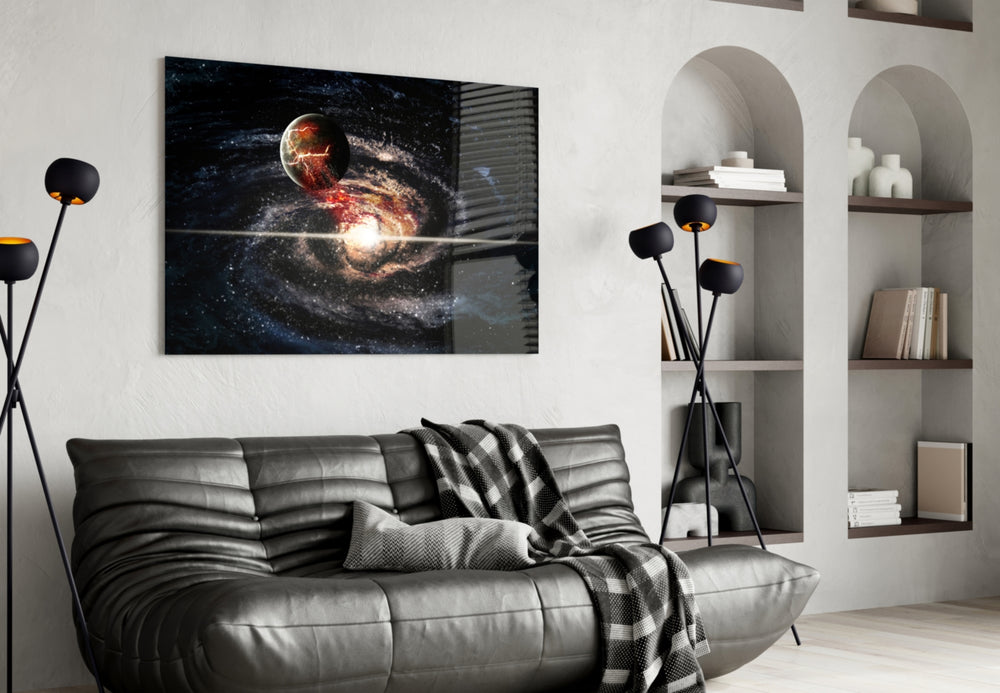 Space glass wall art styled above a desk in a cosmic-pulse teen room