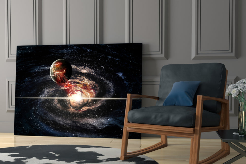 Space glass print enhancing a media room with celestial drama