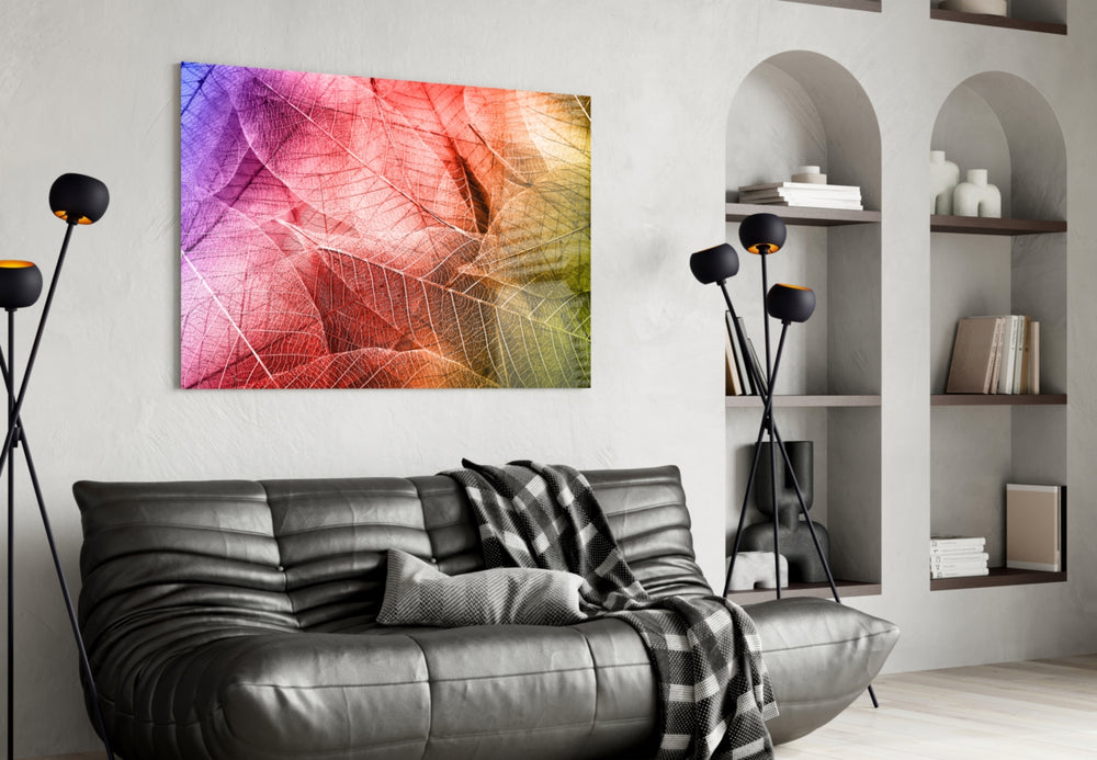 Macro Leaves glass wall art styled in a sunroom with botanical pulse