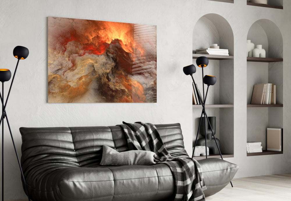 Crimson Apocalypse glass wall art styled above a console in a cinematic man-cave