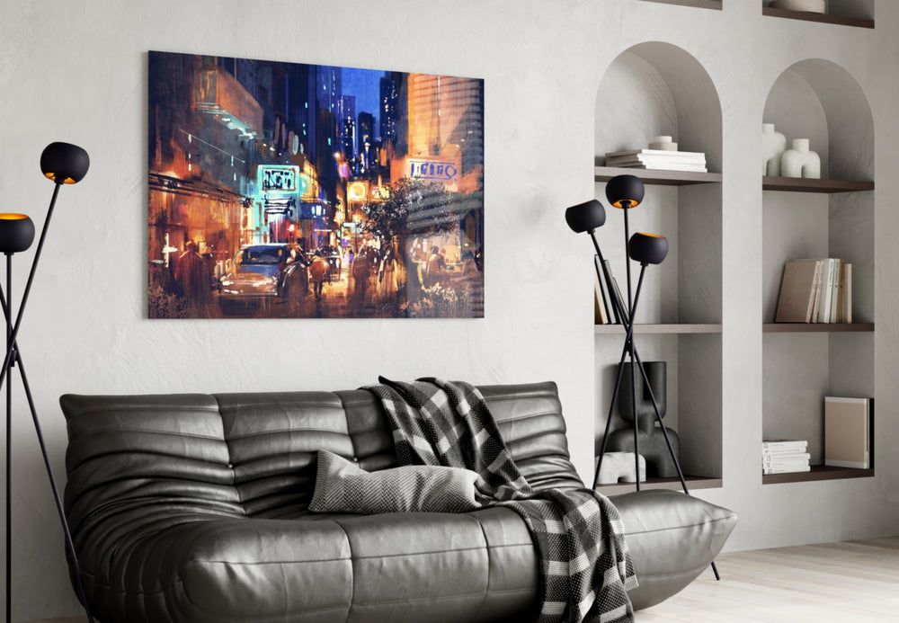 City Night glass wall art styled above a desk in a traveler's-nostalgia study