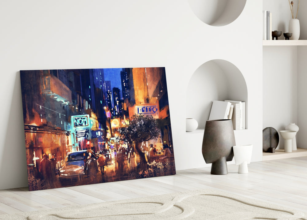 Close-up detail of cyan-glow sign and orange storefronts in watercolor