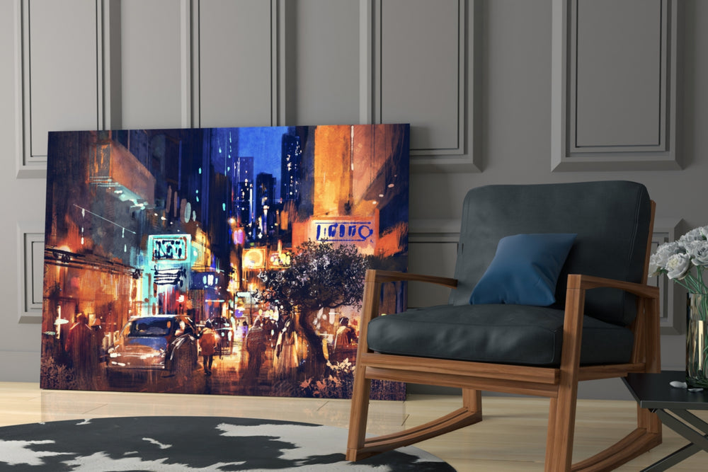 City Night glass print enhancing a dining room with bistro mood
