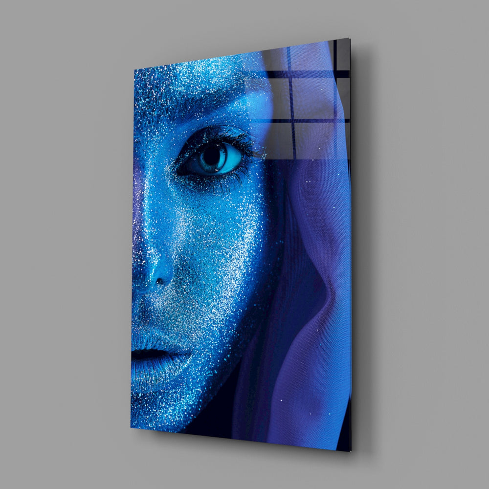 Cobalt-glitter portrait bringing editorial glamour to a contemporary living space