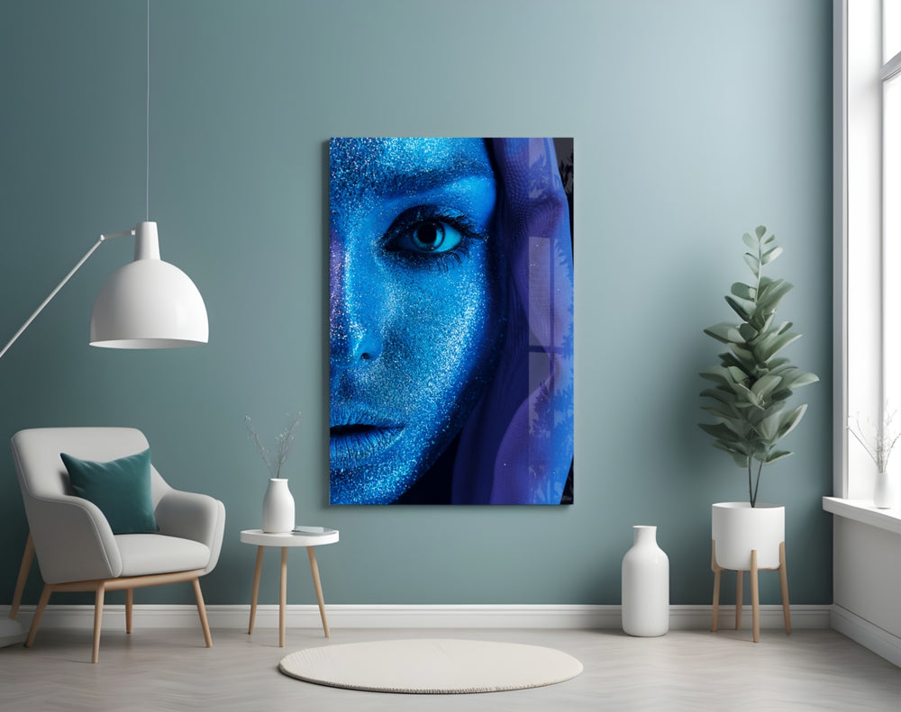 Woman Portrait glass wall art styled above a vanity in a powder room