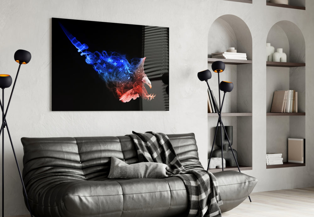 Eagle glass wall art styled above a desk in an American-mood study