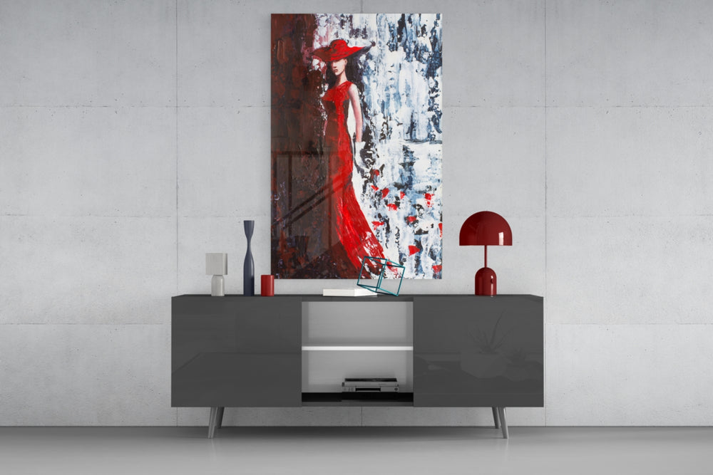 Woman in Red Hat panel catching gallery light to reveal its painterly grain