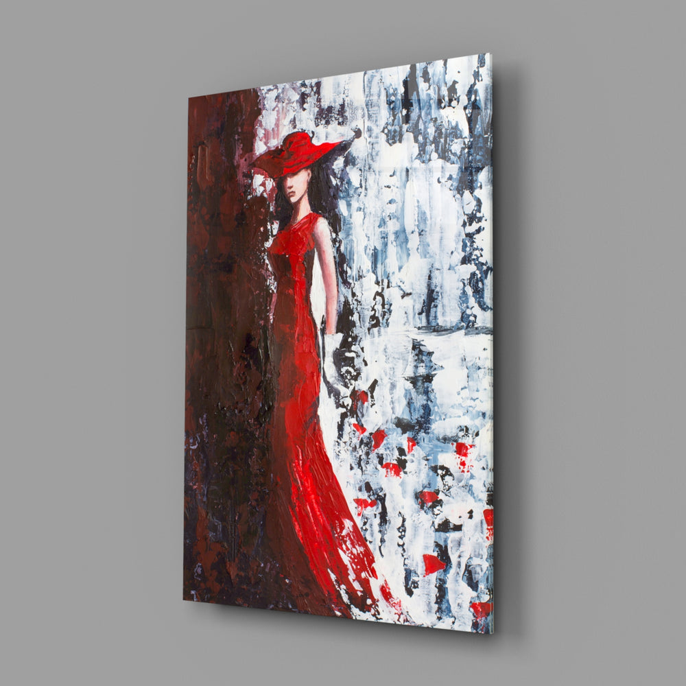 Red-gown panel bringing editorial elegance to a contemporary living space