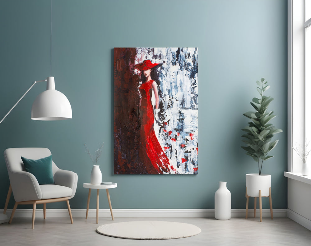 Woman in Red Hat glass wall art styled above a vanity in a dressing area