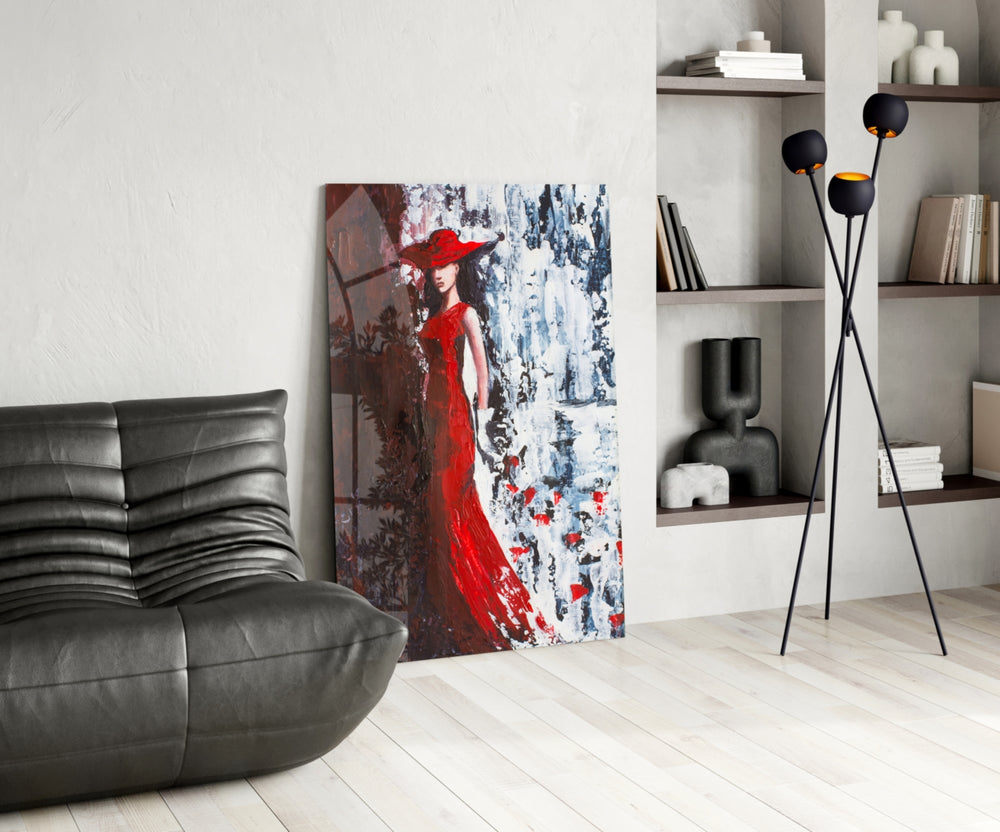 Woman in Red Hat panel adding editorial mood to a powder room