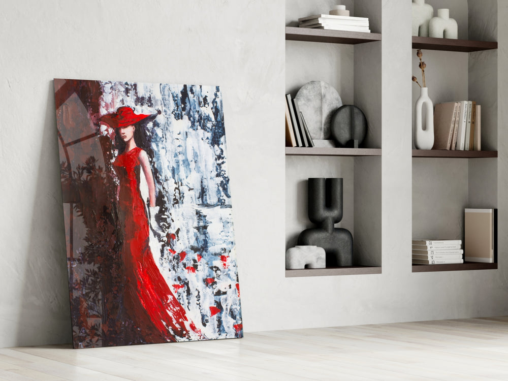 Woman in Red Hat glass print enhancing a foyer with statement focal point