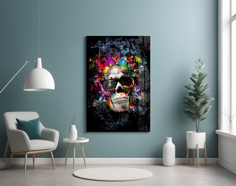 Skull glass wall art styled above a desk in a rocker teen room