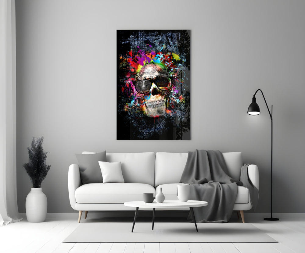 Close-up detail of skull in sunglasses with rainbow splatter halo