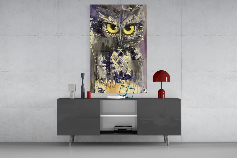 Owl panel catching low light to reveal its dimensional impasto
