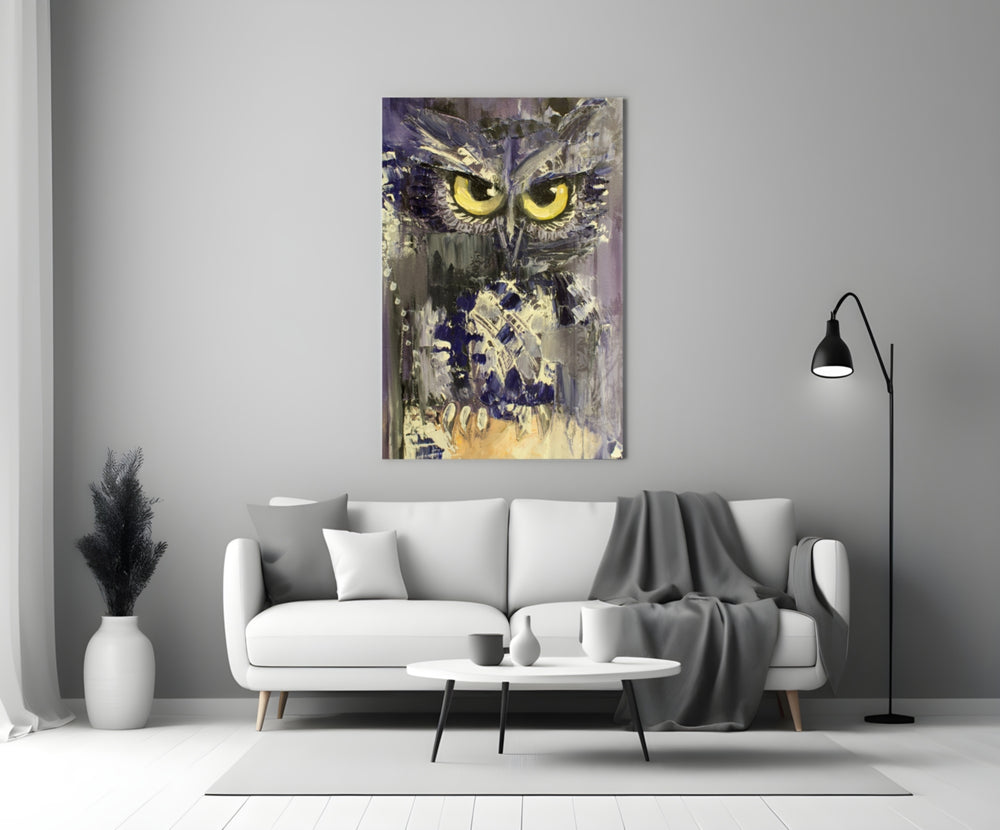 Close-up detail of luminous yellow eyes among violet impasto strokes