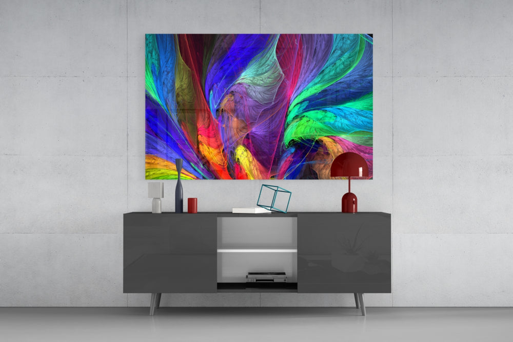 Colorful Patterns panel catching gallery light to reveal its translucent layers