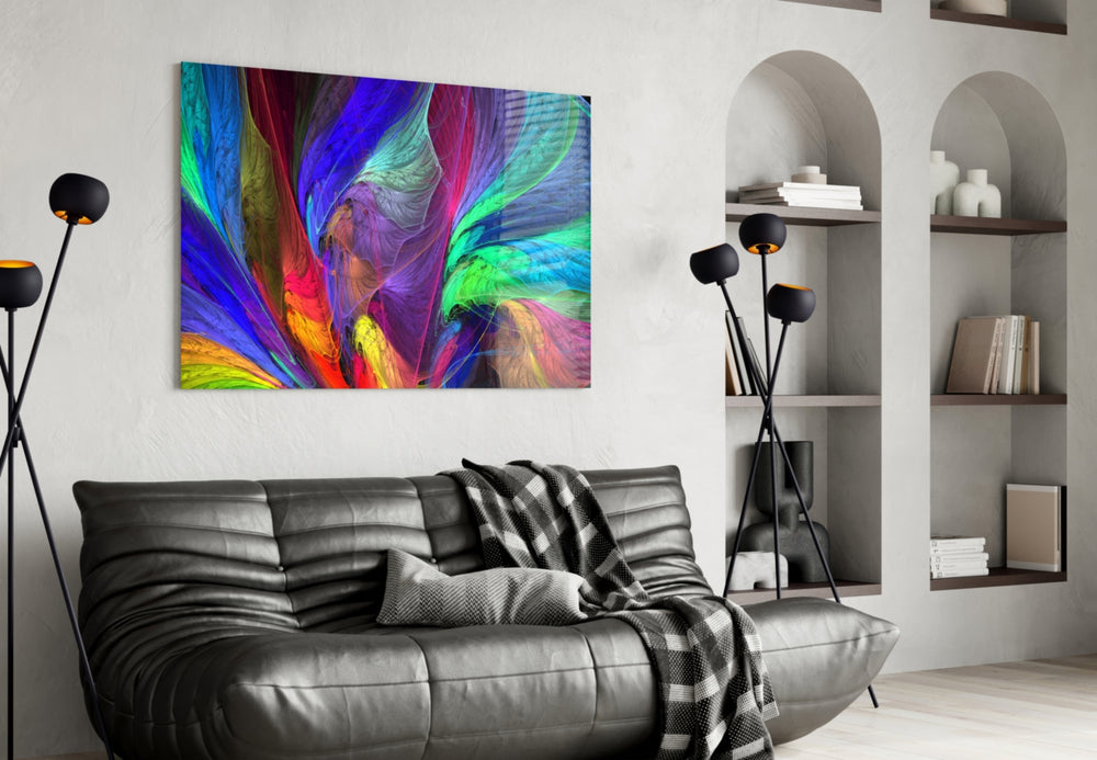 Colorful Patterns glass wall art styled above a desk in a creative teen room