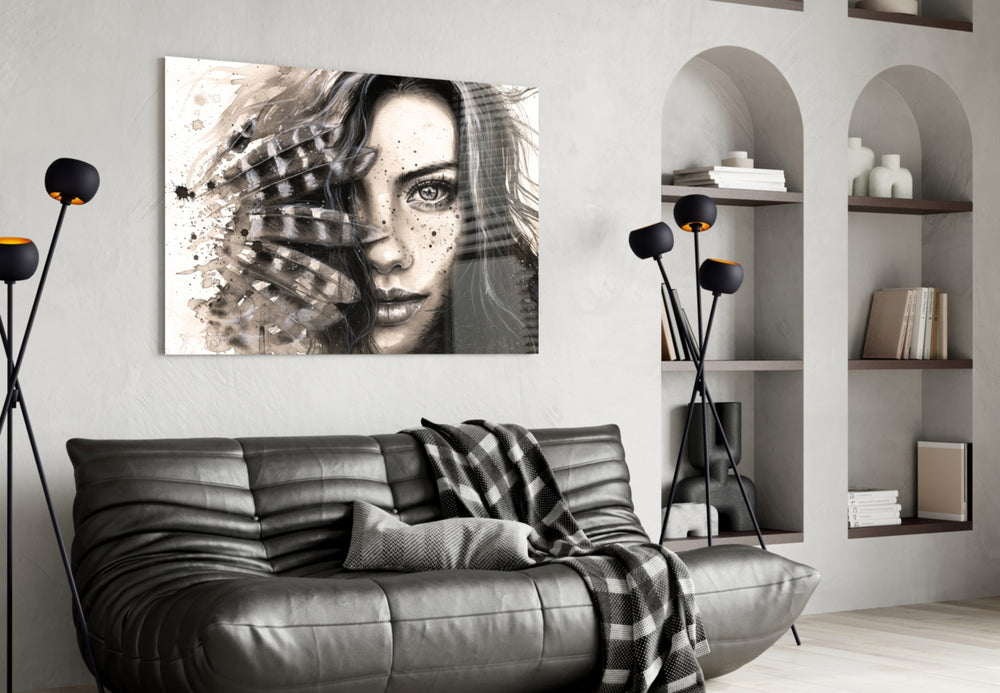 Woman Portrait glass wall art styled above a vanity in a dressing area