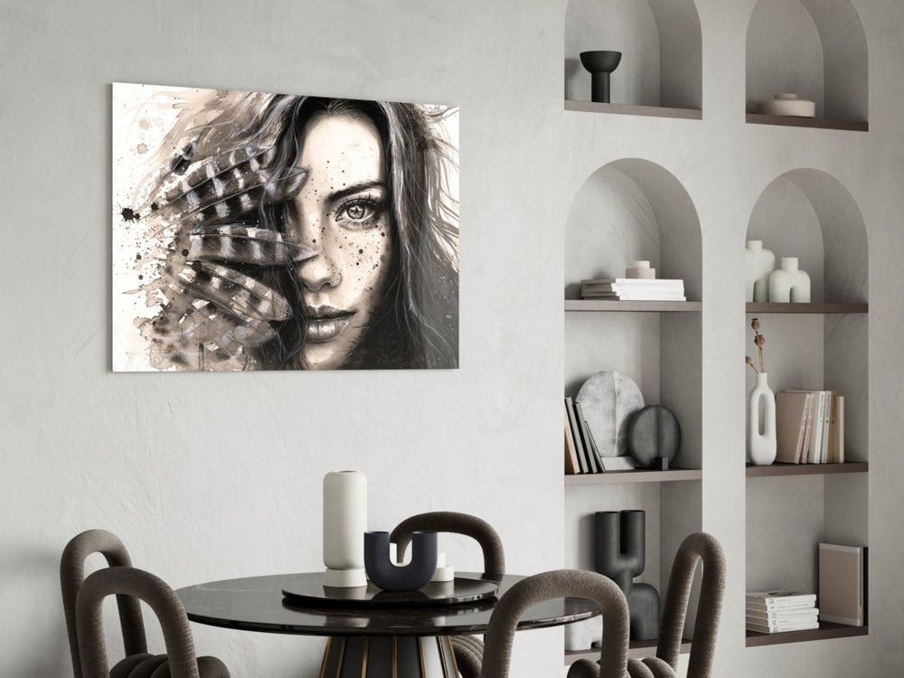 Woman Portrait panel adding editorial mood to a powder room