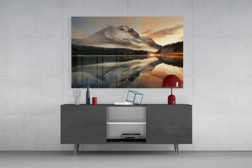 Lake and Mountain Landscape panel catching daylight to reveal its mirrored reflection