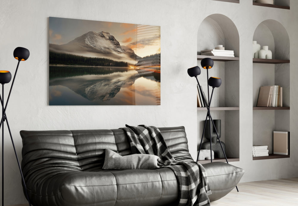 Lake and Mountain Landscape glass wall art styled above a desk in a traveler's study