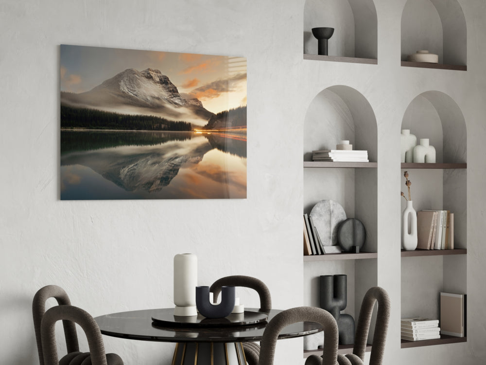 Lake and Mountain Landscape panel adding cabin-warm taste to a living room