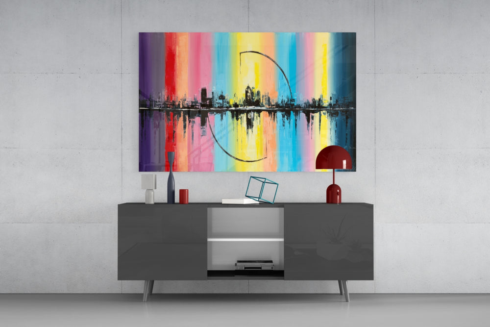 City Silhouette panel catching gallery light to reveal its mirrored skyline