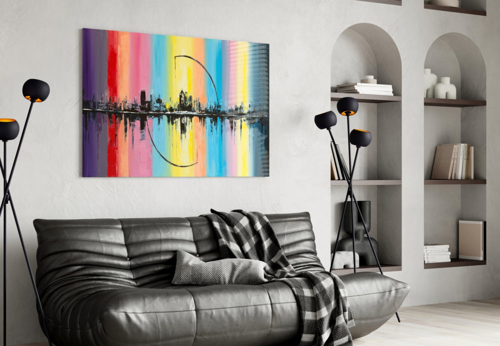 City Silhouette glass wall art styled above a desk in a corporate office