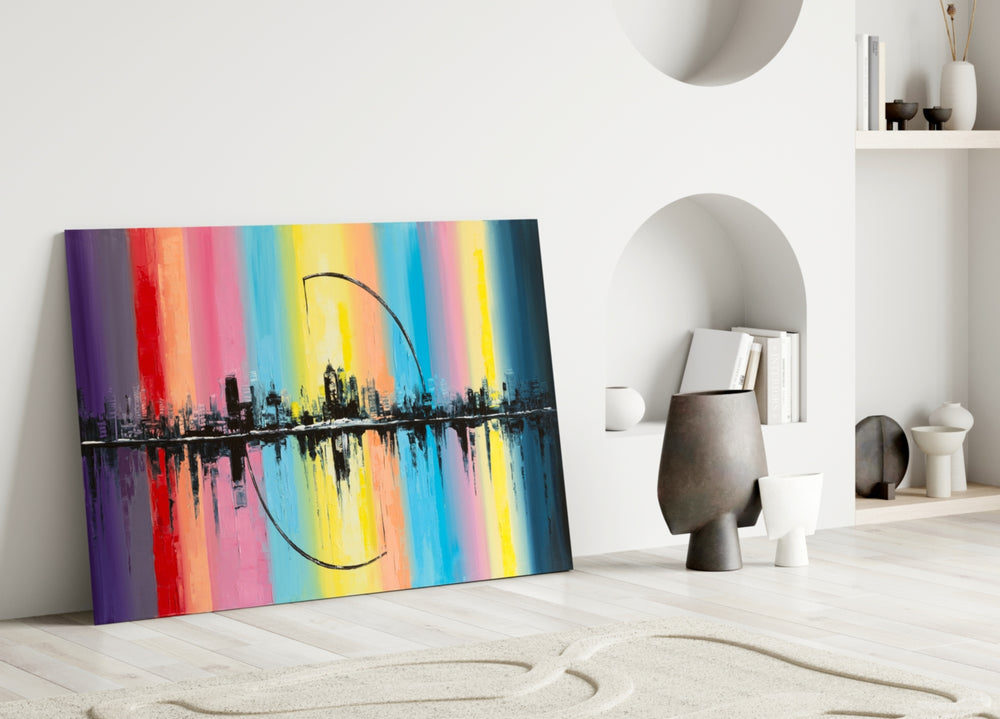 Close-up detail of silhouetted skyline on vertical rainbow stripes